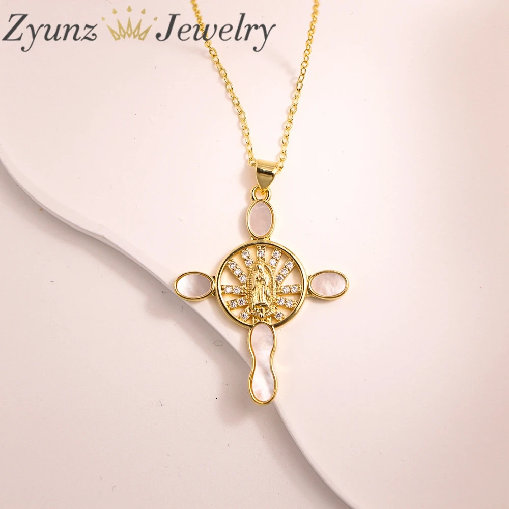 10PCS 18K Gold Inlaid Cubic Zirconia Charm Shell Pendant Necklace Holy Religious Jesus Virgin Mary Mop Shell Jewelry Necklace 240710