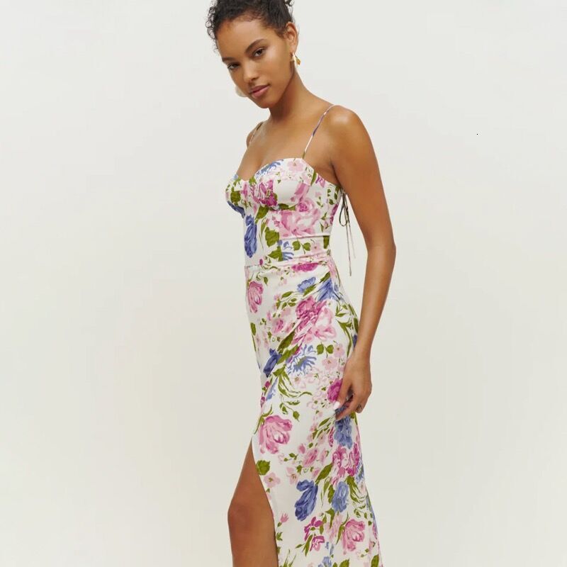 R231 Rensi Ref Printed Strap Long Dress 2023 Summer New Style Women's Wear
