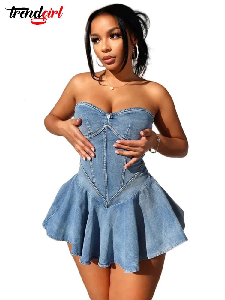 Trendgirl Blue Denim Stretch Strapless Off Shoulder Pleated Dress Sexy Club Outfit for Women Clothing Summer Birthday Jean Robe 240705