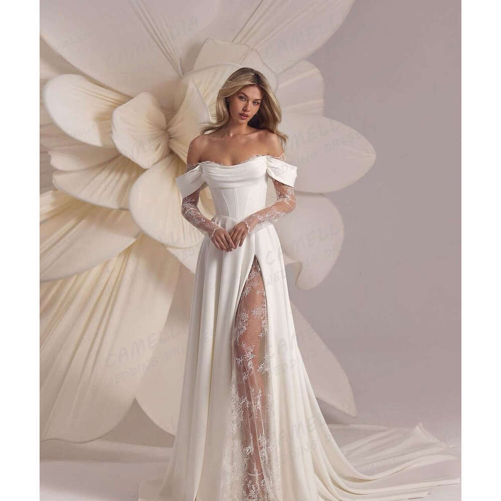 Simple Wedding Dresses Sexy A e Split Lace Appliques Women's Bridal Gowns Off The Shoulder Pleat Satin Elegant Dress