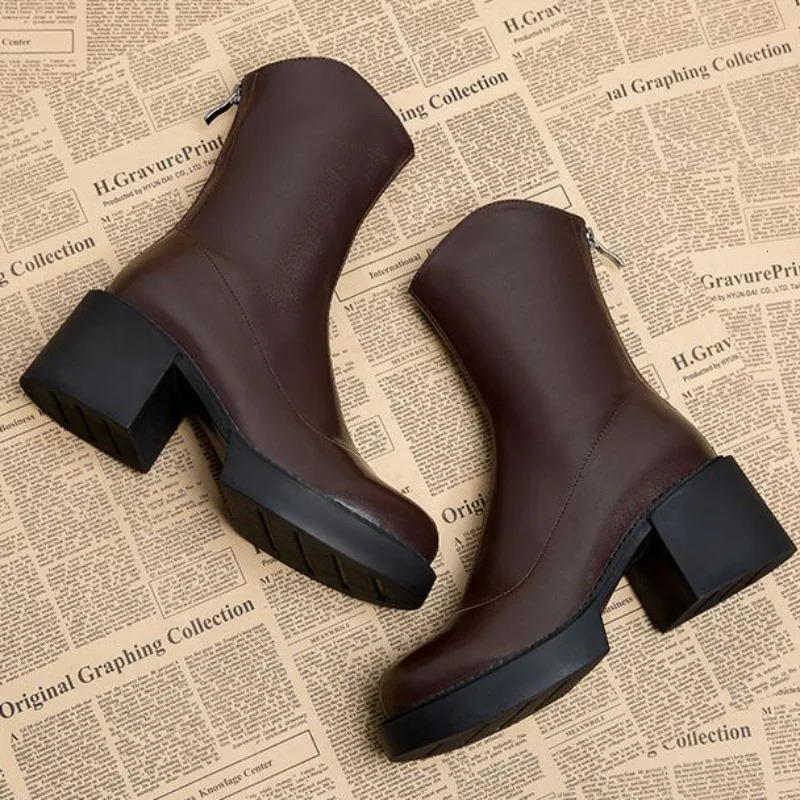 Heeled Footwear Womens Ankle Boots Work Very High Heels Brown Chunky Platform Short Shoes For Woman Waterproof Booties Black Pu 240708