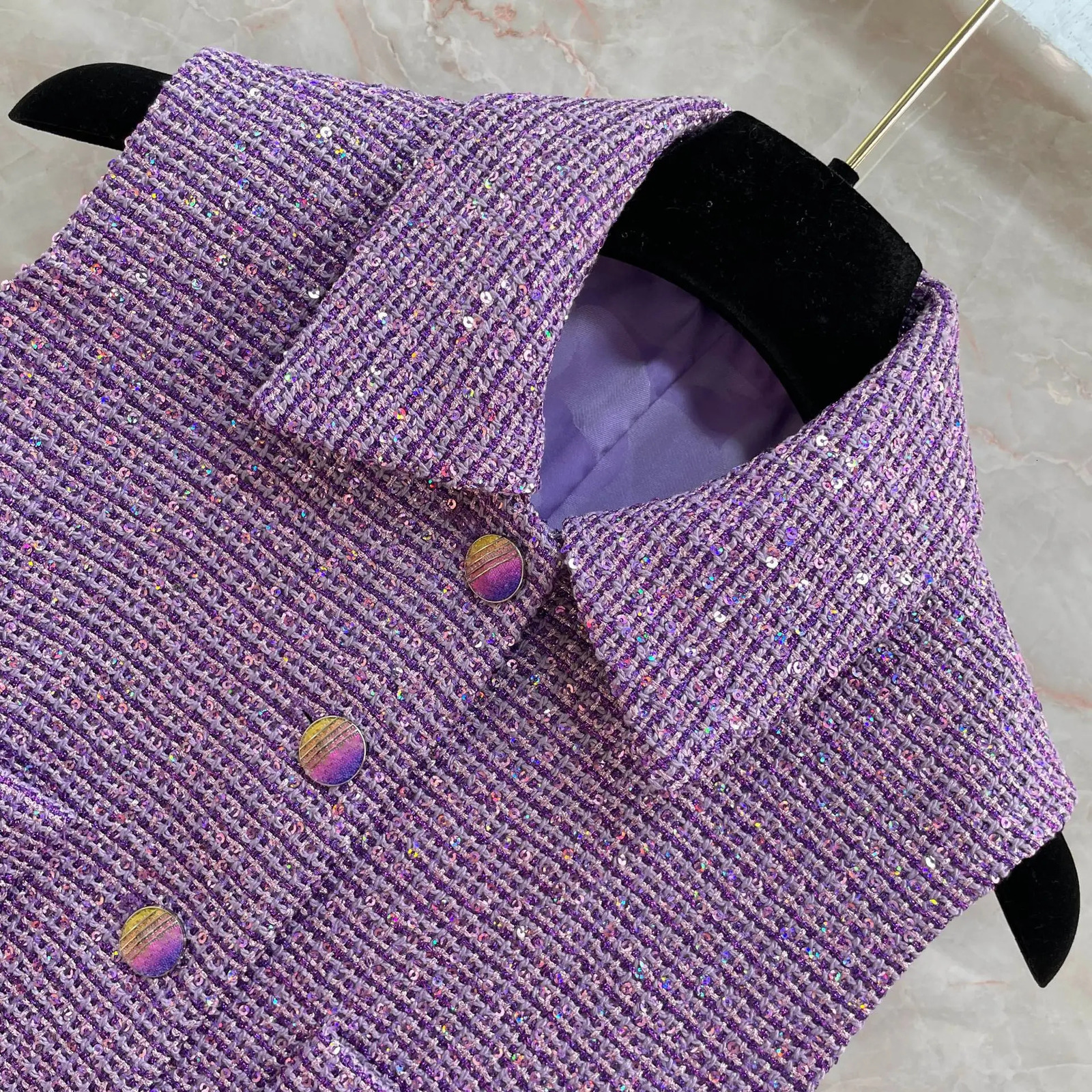 Violet Purple Colored Sequin Beads Coarse Tweed Vest High-end Sleeveless Jacket for Women 240704