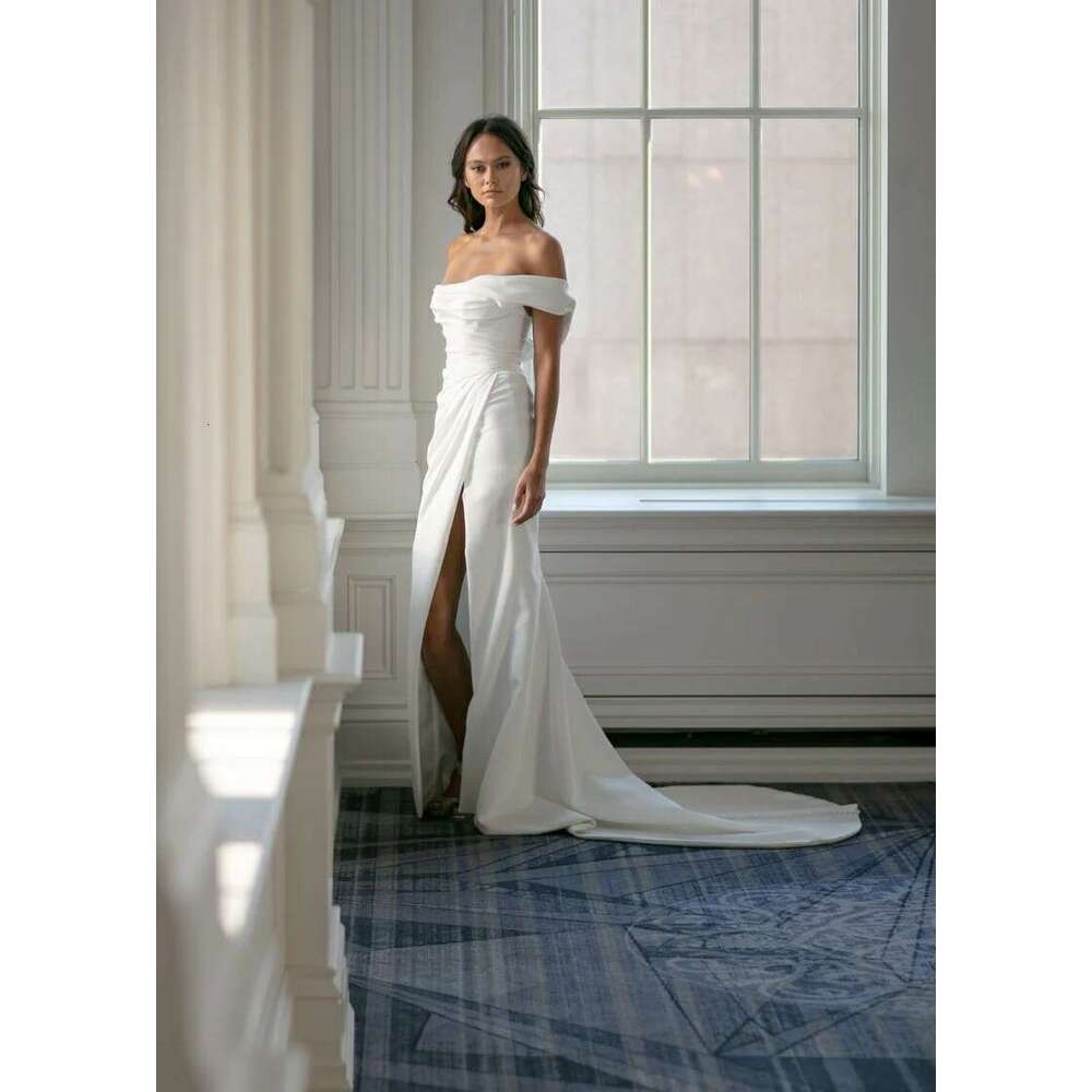 Simple Off The Shoulder Pleat Soft Satin Mermaid Wedding Dresses Side Slit Custom Made Formal Bridal Grown 2024 Rode De Morrie