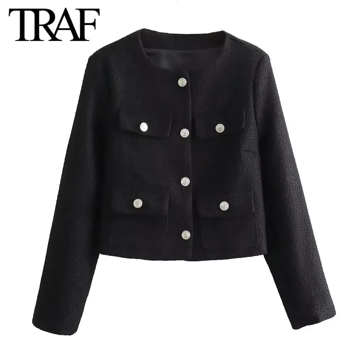 TRAF Women Fashion Spring Flip Pocket Jacket Single-breasted Crewneck Tweed Short Coats Chic Ladies Tops Mujer 240704
