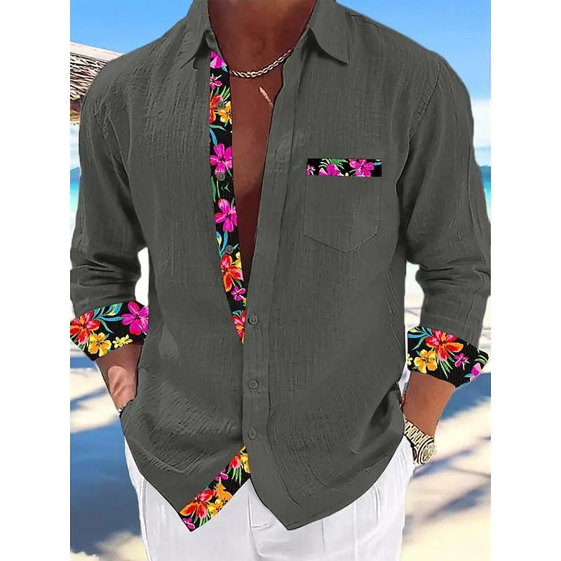 Shirts Fashion casual 100 linen shirts Floral stitching mens tops Simple and comfortable 240708