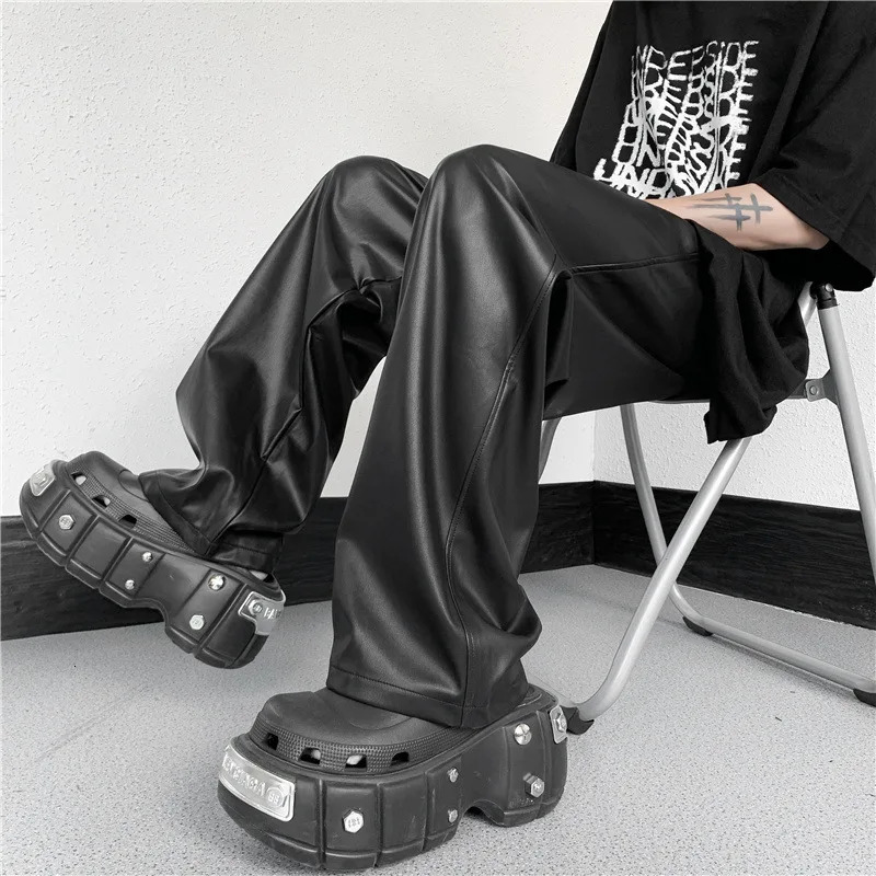 Mens Spring and Autumn Straight Pants Simple Elastic Waist Mop Wide Leg Pu Leather Pants 240712