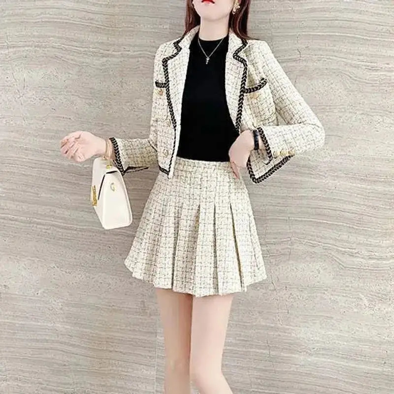 Autumn Winter Fashion Suit Jacket Short Skirt Set Womens Korean Elegant Casual Blazers Coat Pleated Mini Skirts Two Piece 240704