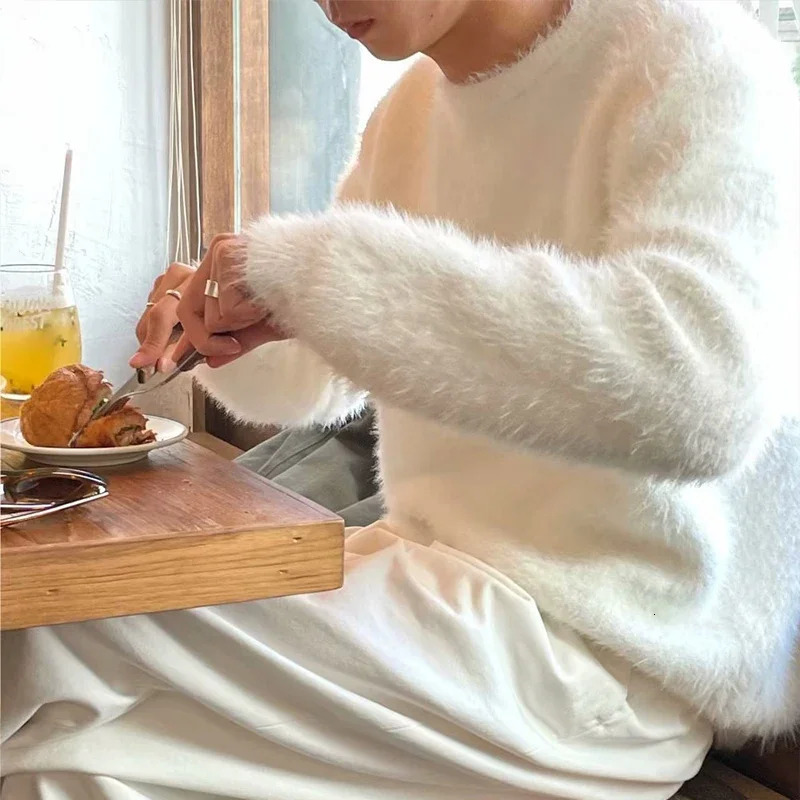 HOUZHOU Mohair Sweaters Men Korean Thicken Warm Knitting Autumn Winter Loose Casual Long Sleeve Pullovers Fleece Streetwear 240710 - view 6