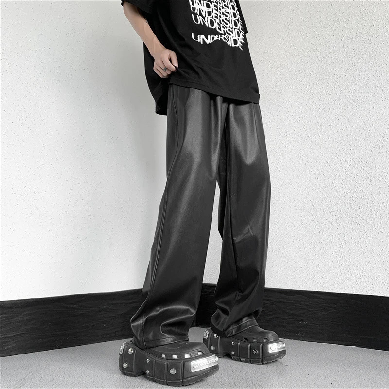 Mens Spring and Autumn Straight Pants Simple Elastic Waist Mop Wide Leg Pu Leather Pants 240712