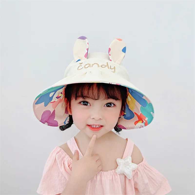 Adjustable baby bucket hat girls sun hat cute rabbit childrens empty top hat big Brim childrens beach hat hatW240713