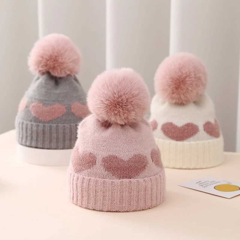 Fuax fur puffy baby hat heart-shaped printed knitted autumn and winter newborn baby bean hat warm crochet girl boy hatW240713
