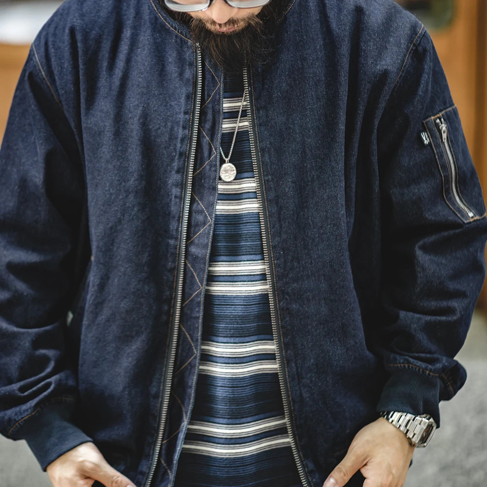 Maden Men Vintage Baseball Collar Bomber Jackets Denim MA-1 Flight Jacket 8.9OZ Casual Windbreaker Coats Mens Clothing 240712