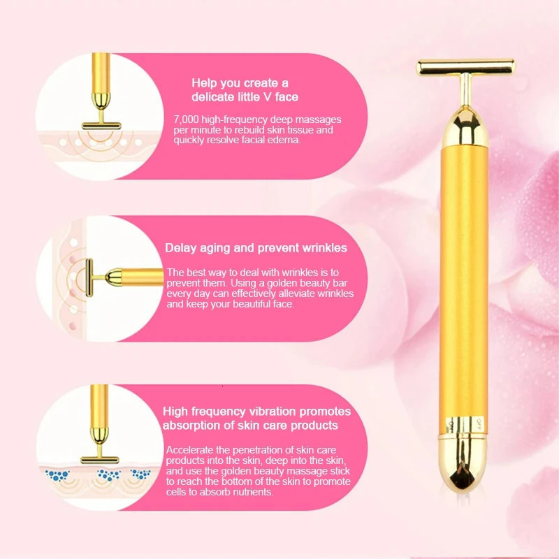 24K Golden T Beauty Stick Energy Roller Electric Lift Massage Beauty Instrument Waterproof Vibration Care Stick 240713