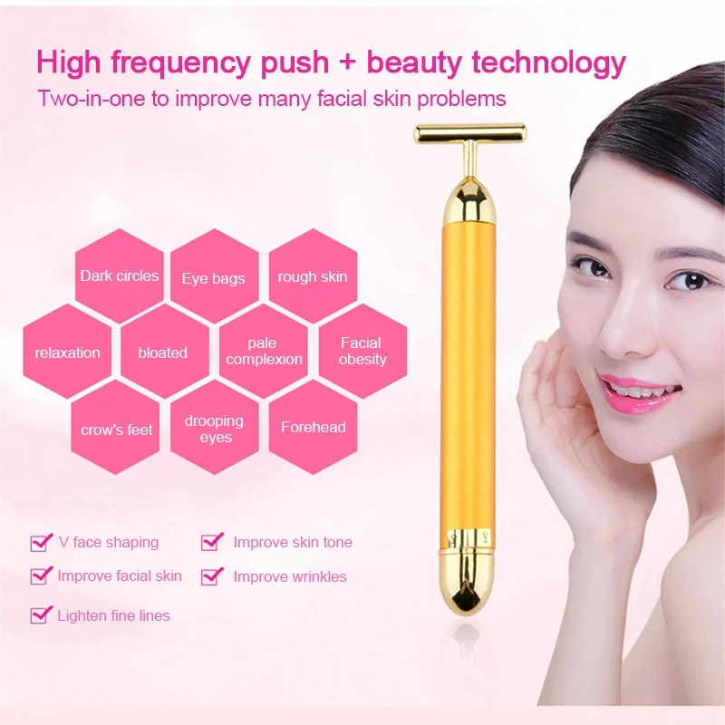 24K Golden T Beauty Stick Energy Roller Electric Lift Massage Beauty Instrument Waterproof Vibration Care Stick 240713