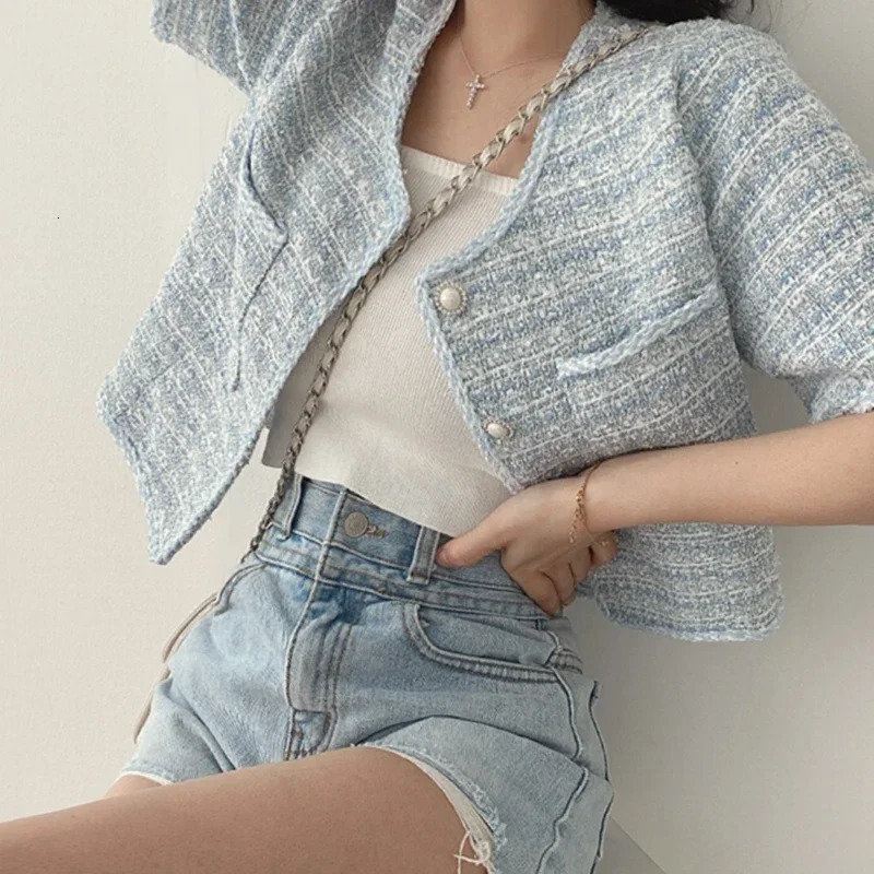 HELIAR Women Single-breasted Cardigan Coat Elegant Tweed Jacket With Pockets Female Short Sleeve Chic Outwear Spring Summer 240704