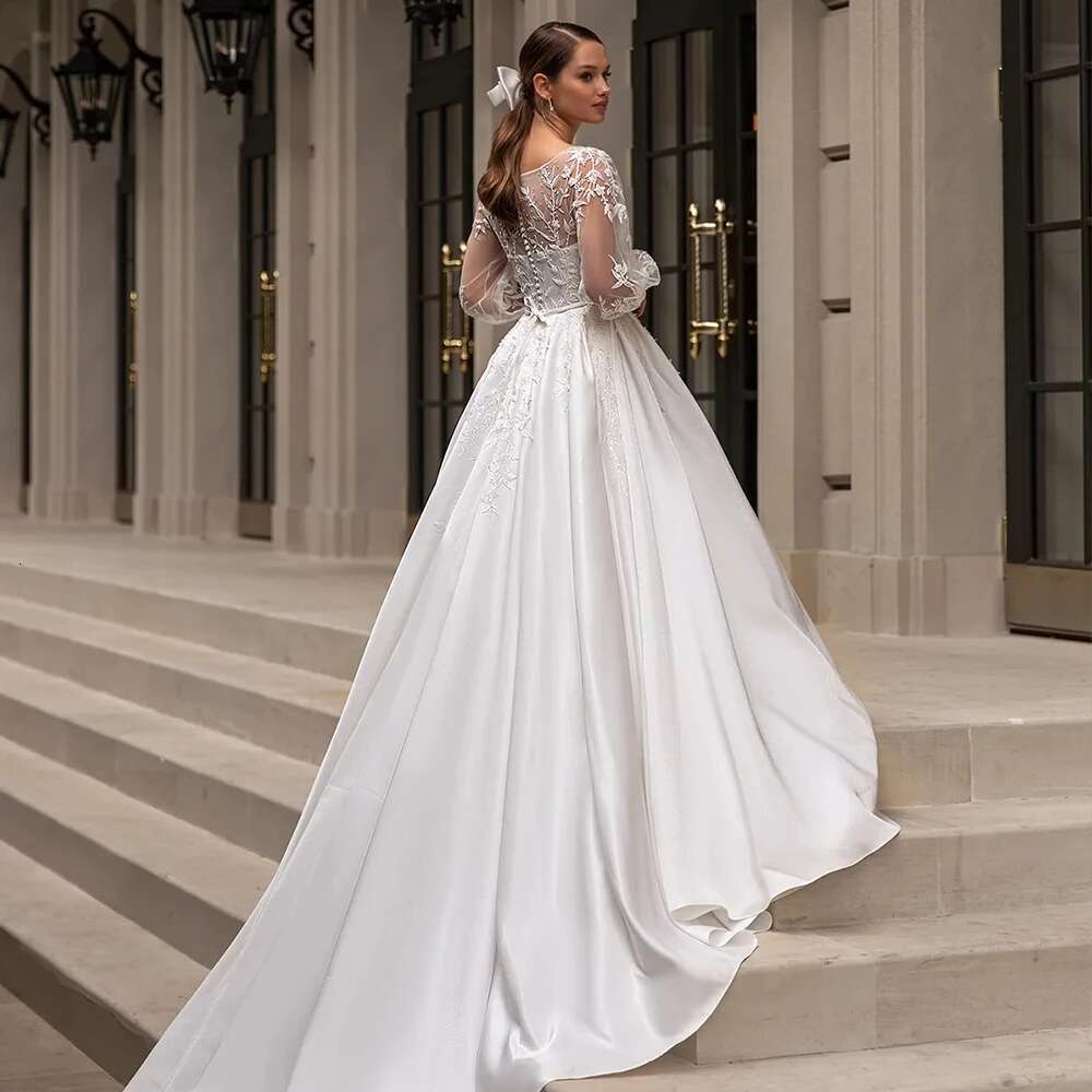 Lace Appliques Wedding Dresses A E Fuffy Ruched Satin Ball Gowns Long Sleeve Formal Bride Beach Party Vestido De Novia 0213