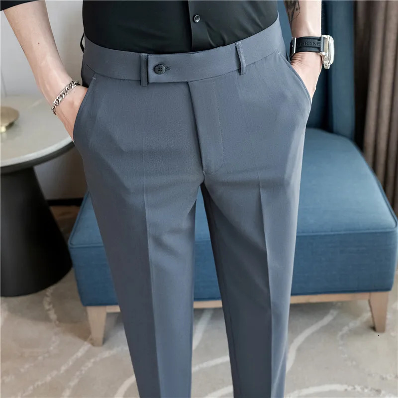 Summer Suit Pants Solid Color Korean Slim Smart Casual Ankle-Length Pants Men Wedding Dress Office Suit Trousers Man 240708