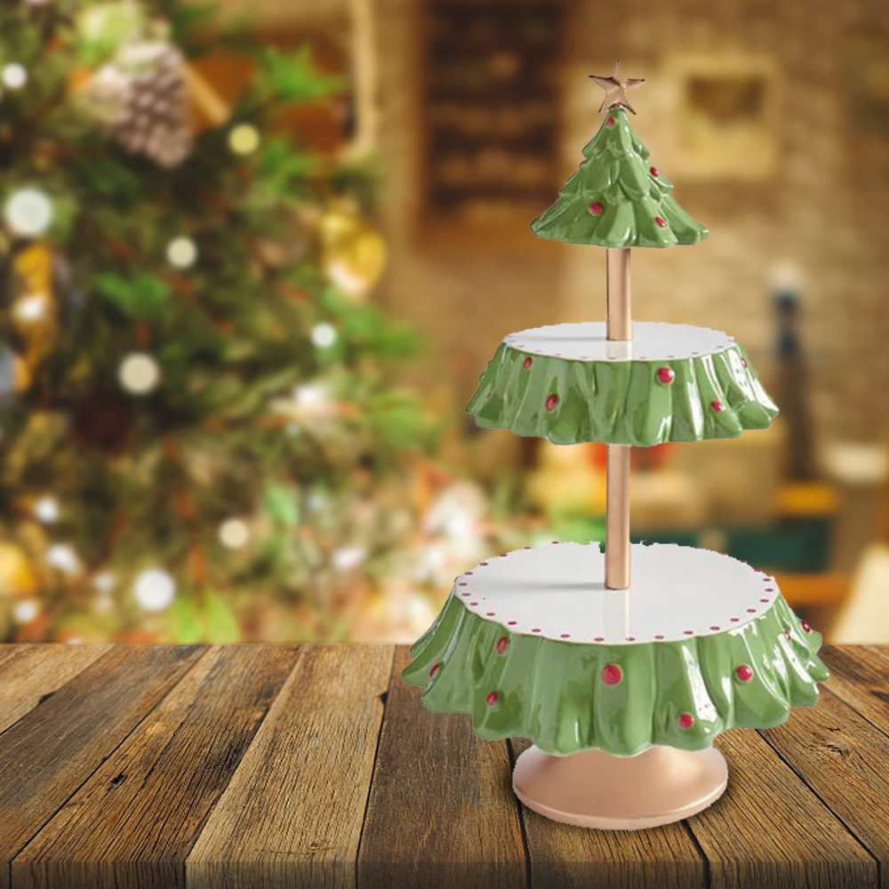 Christmas Tree Dessert Table Fruit Double Layer Cake Stand Holiday Party Candy Plate Tray Xmas Snack Rack Holder 240709