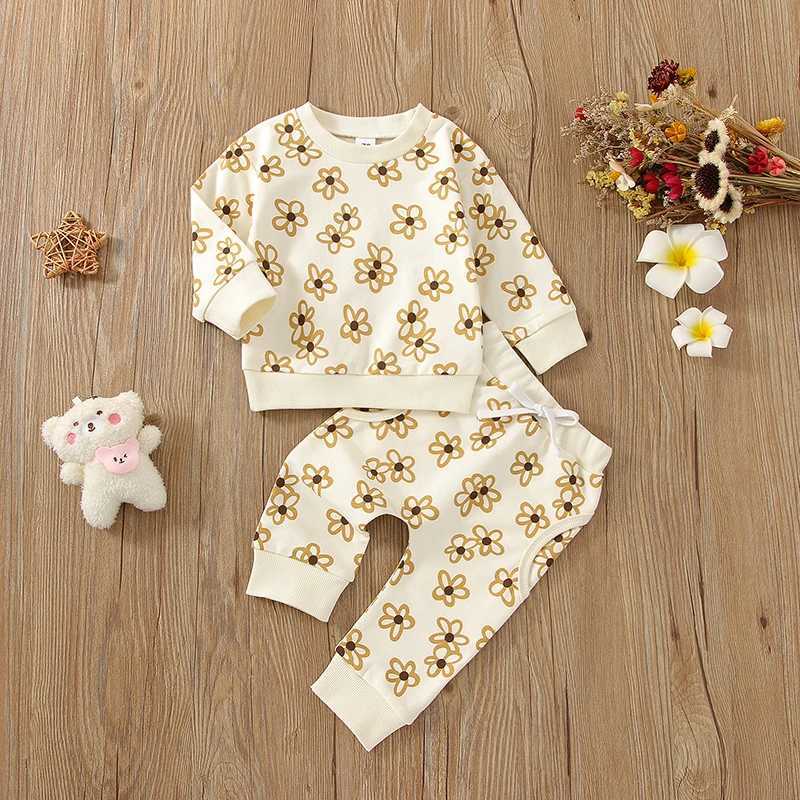 Clothing Sets 2022-09-26 Lioraitiin 0-3Years Toddler Kid Girl 2Pcs Pant Suit Long Sleeve Round Neck Floral Shirt Street Side Pockets Trousers