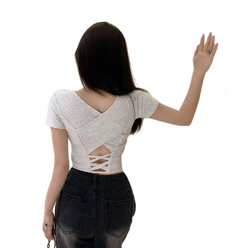 Hot girl sleeved t-shirt for women, slim fit and slimming, leak back short style, exposed navel, no need to wear underwear with chest cushion, pure de