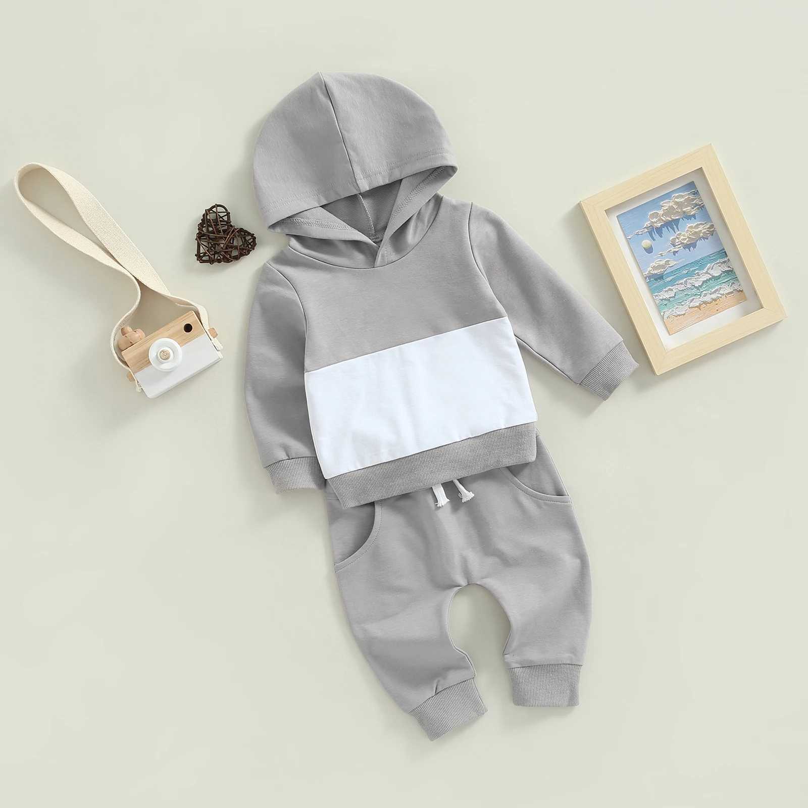 Clothing Sets 2022-06-17 Lioraitiin 0-4Years Childrens Pants Suit Patchwork Hooded Long Sleeve Sweatshirt Solid Color Trousers with Pockets