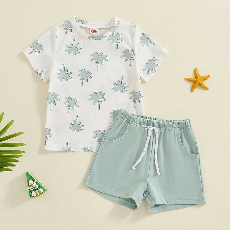 Clothing Sets 2024-05-07 Lioraitiin Little Boys Summer Shorts Outfits Short Sleeve Tree Print Tops and Drstring Shorts Sets
