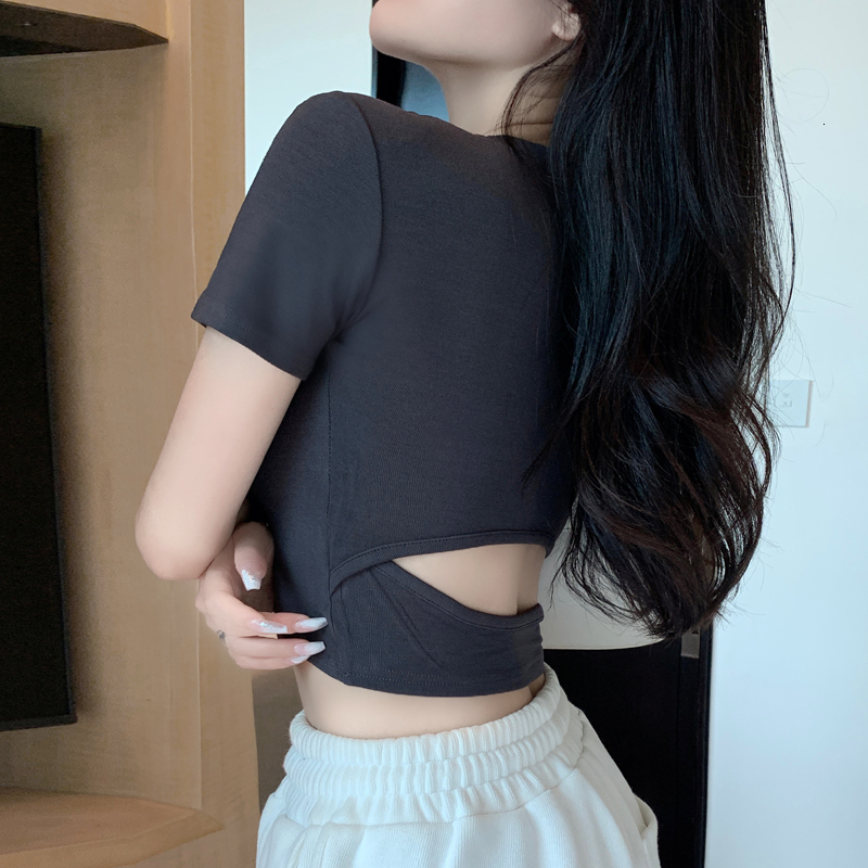 Spicy girl scheming T-shirt with summer back hollow design, slim fit, pleated waist, short sleeved top for women