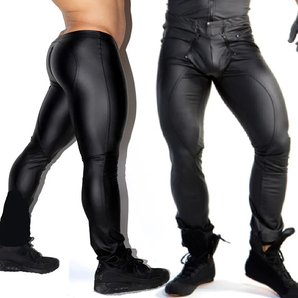 Mens Leather Pants PU Leather Trousers Wet Look Legging Skinny Pouch Open Pants Clubwear Tights Punk Clothing for Man 240712