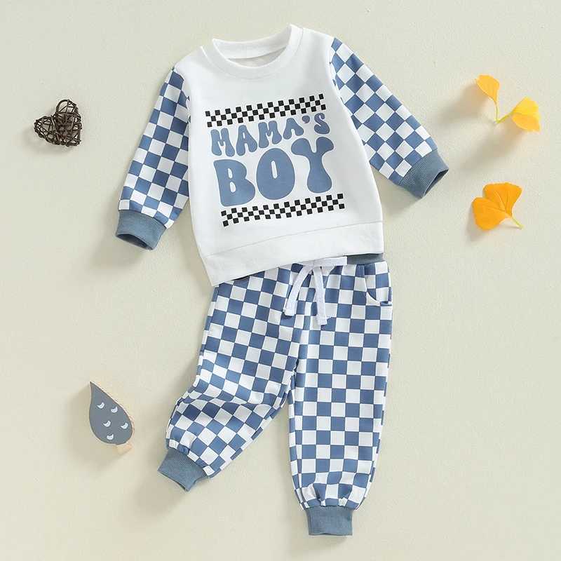 Clothing Sets 2024-05-30 Lioraitiin Boys Autumn 2PCS Outfit Sets Long Sleeve O Neck Letter Checkerboard Print Tops Drstring Pants Sets