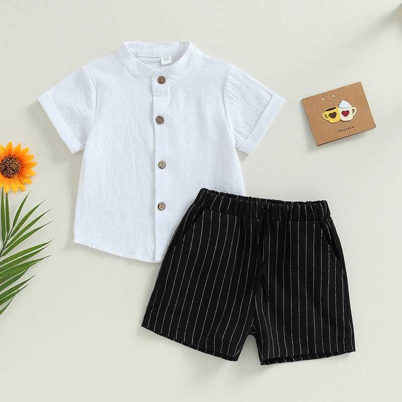 Clothing Sets 2023-06-08 Lioraitiin 0-4Years Toddler Boys 2Pcs Summer Beach Outfits Short Sleeve Button Down Shirt Striped Shorts Set