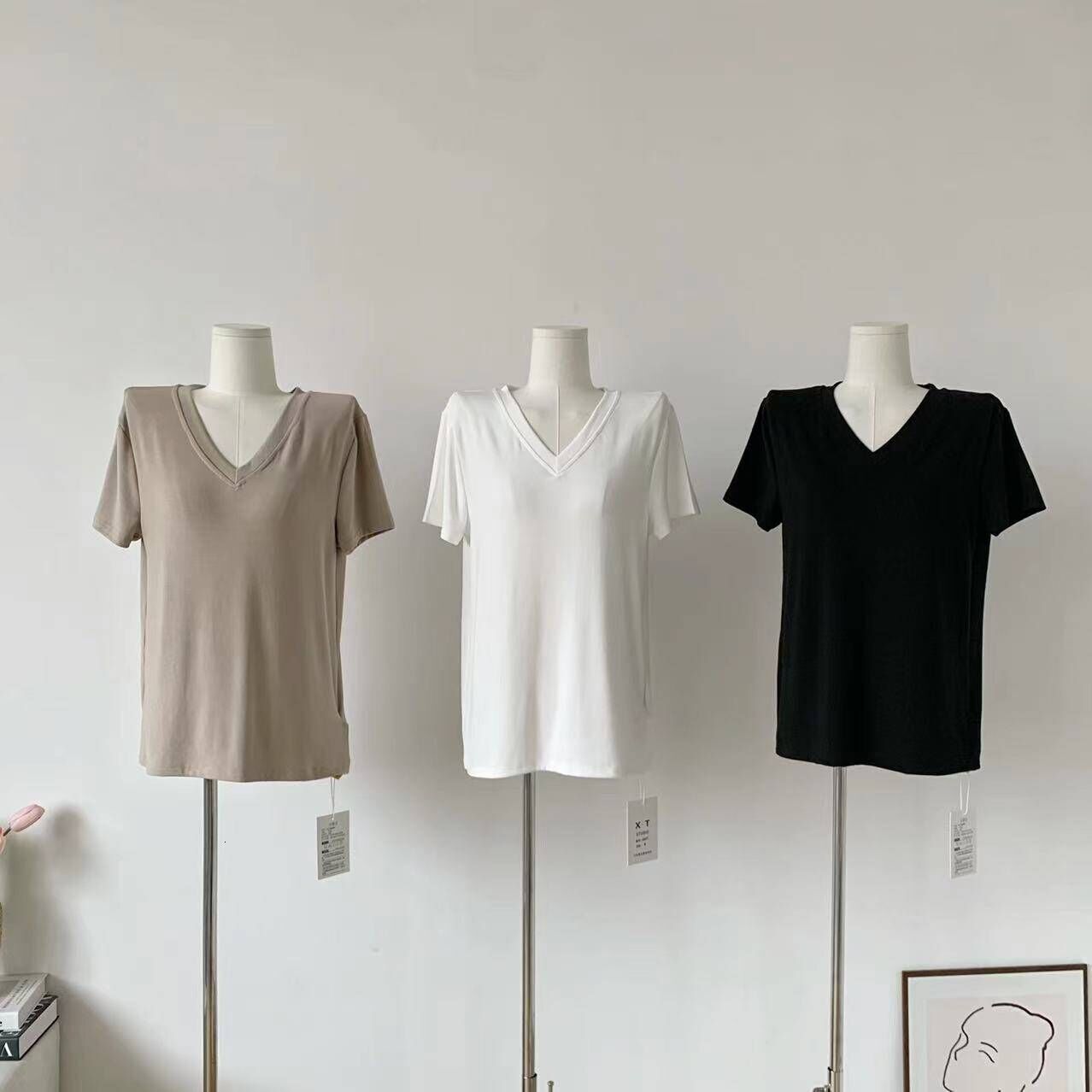 Good morning Fan V-neck soft sticky cashmere like texture slim fit/loose fit T-shirt women, versatile for spring and summer, basic short sleeved