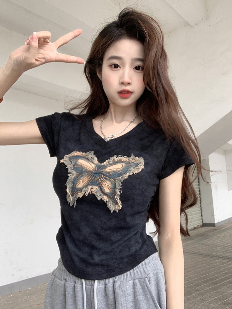 Summer Korean version spicy girl butterfly embroidery V-neck slim fit short sleeved T-shirt top for women