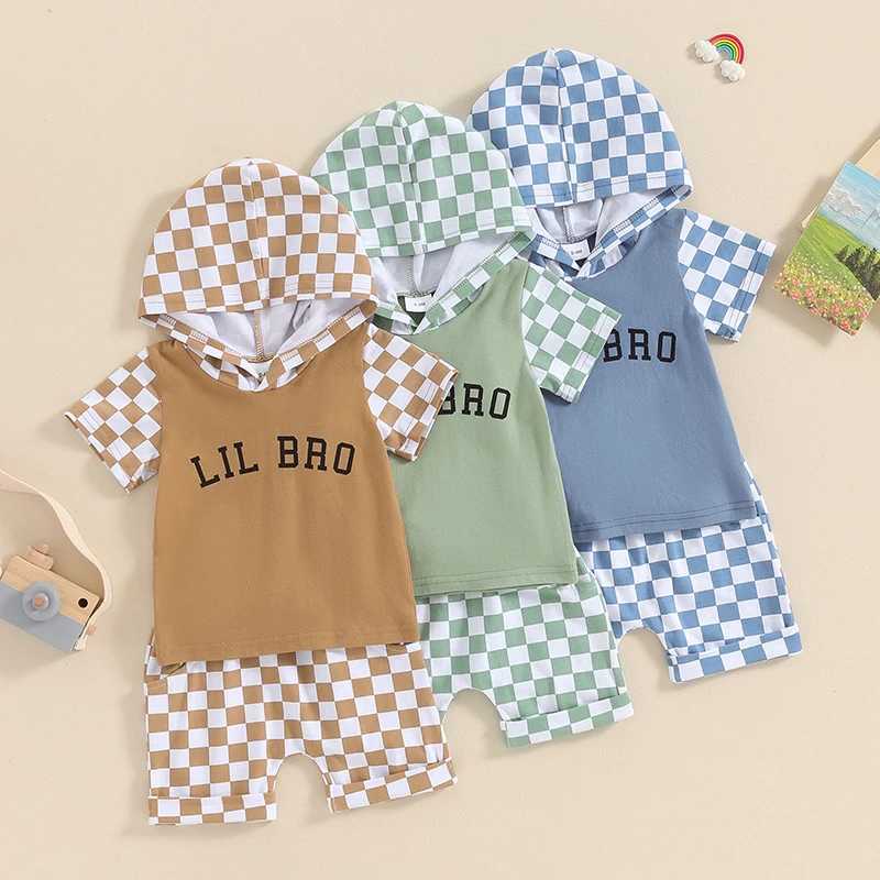 Clothing Sets 2024-03-06 Lioraitiin Toddler Boys Summer Clothes Set Short Sleeve Letter Checkerboard Print Hooded Tops+Drstring Short Set