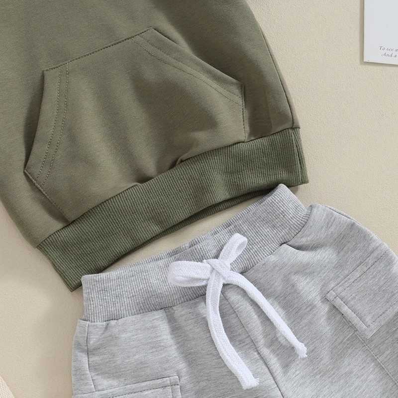 Clothing Sets Toddler Boys Summer Outfits Solid Color Hooded Short Sleeve T-Shirts Tops and Pockets Elastic Waist Shorts 2Pcs Clothes Set W2DY