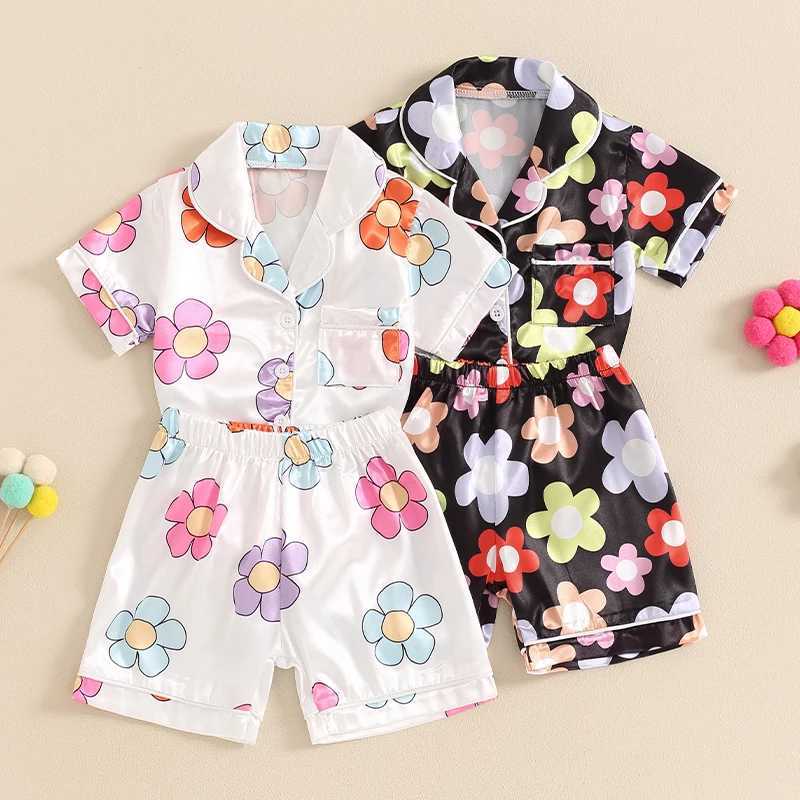 Clothing Sets 2024-04-18 Lioraitiin Little Girls Floral Print Pajama Set Short Sleeve Lapel Neck Single Breasted Tops Elastic Waist Shorts
