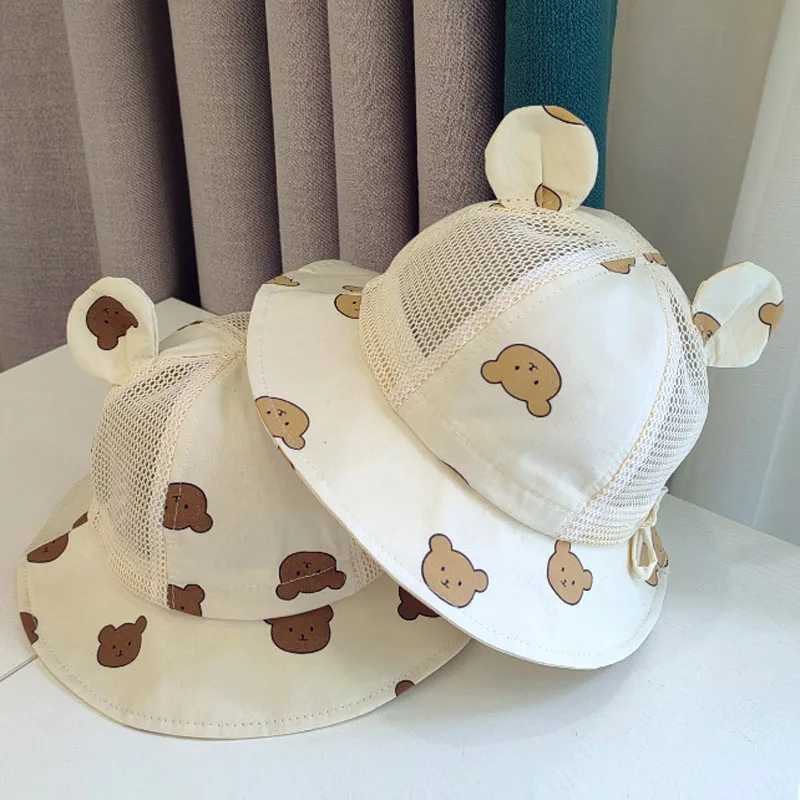 Cute Bear Baby Bucket Hat with Ears Boy and Girl Cartoon Cotton Mesh Breathable Sun Hat Childrens Outdoor Summer Childrens HatW240715