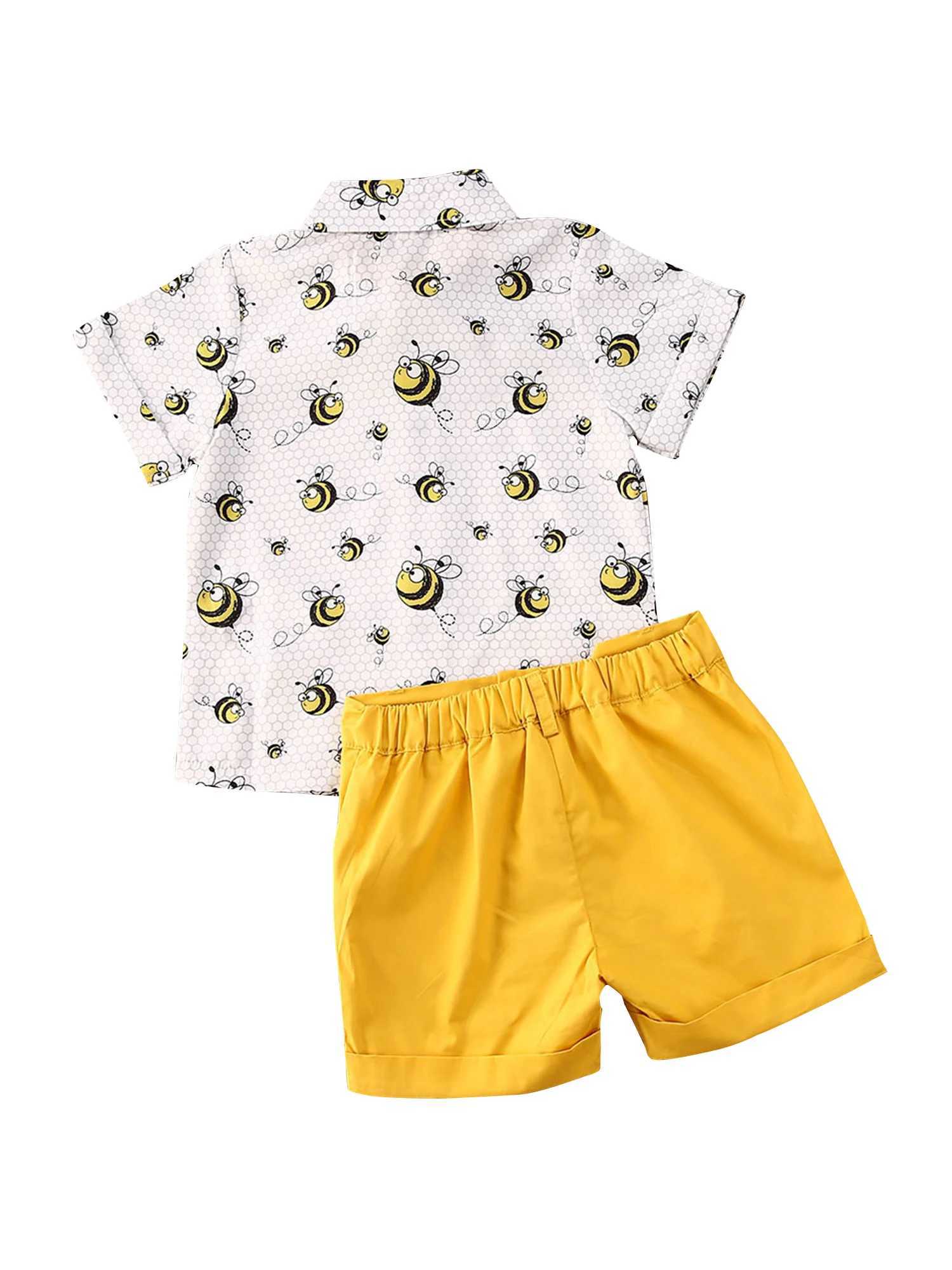 Clothing Sets Lioraitiin 0-6Years Baby Boys Summer Clothes Set Short Sleeve Lapel Bee Print Tie Button Shirt Solid Color Shorts
