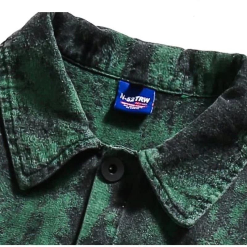 Men Tie-Dye Denim Jacket College Harajuku Casual Green Coat American Hip Hop Trend Lapel Loose Outwear Autumn Unisex Streetwear 240712