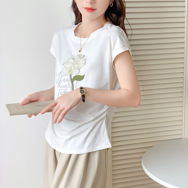 summer new round neck pure cotton pullover T-shirt with loose flowers and short sleeves, stylish anti-aging top for women