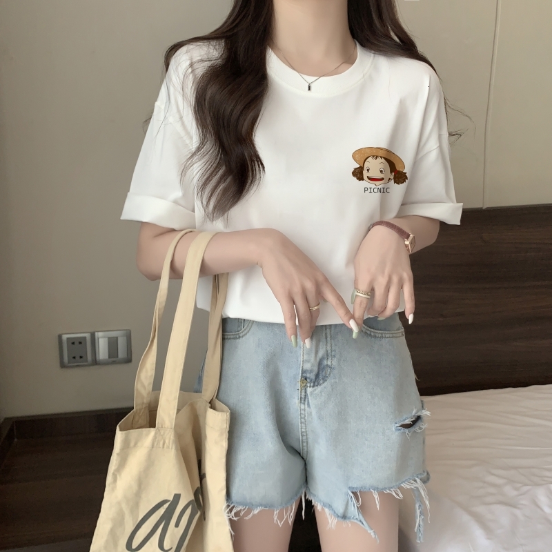 100% combed pure cotton printed summer short sleeved T-shirt for women loose fitting Korean version