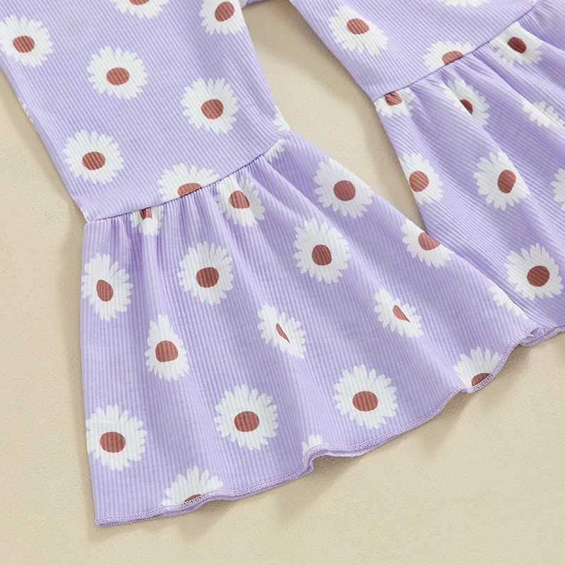 Clothing Sets 2024-05-05 Lioraitiin Kids Girls Pants Set Ribbed Short Sleeve Sling Strap T-shirt with Flower Print Flare Pants Summer Outfit