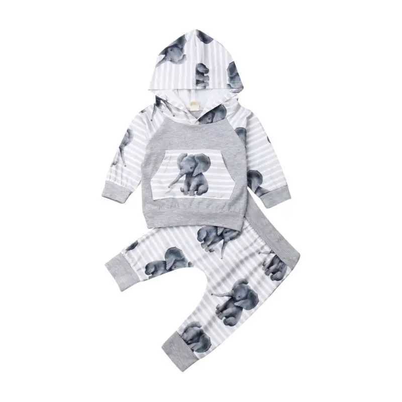 Clothing Sets 2019-07-10 Lioraitiin 0-18m Newborn Baby Boy Clothes Print Elephant Hoodies Tops Striped Long Pants Outfits Set Fall Clothes