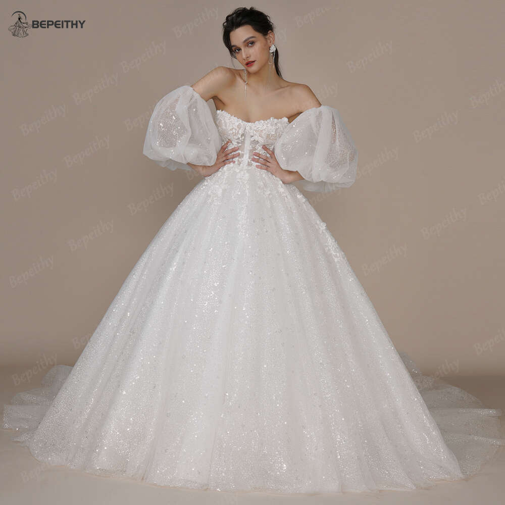 BEPEITHY Princess Strapless Ivory Glitter Wedding Dresses For Women Court Train Bride 3D wer Romantic Shinny Bridal Gown