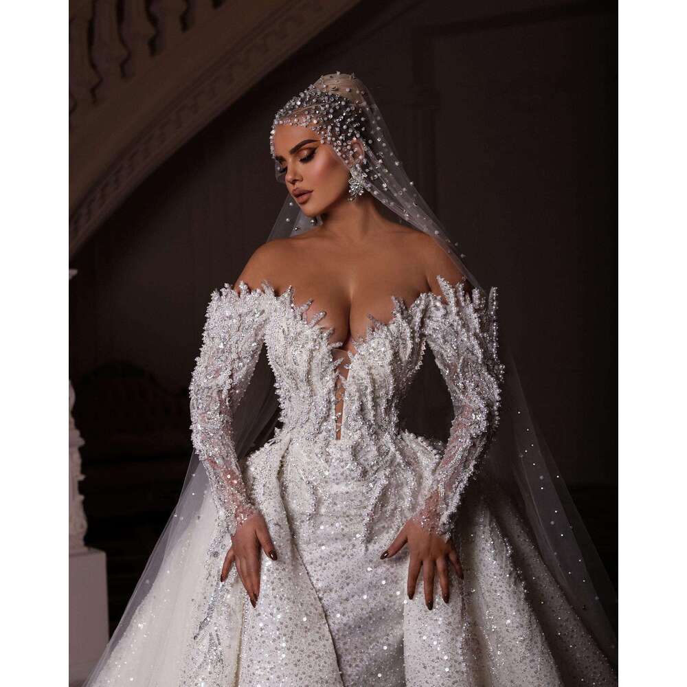 Gorgeous Pearls Mermaid Dresses With Detachable Train Sequined Beaded Bridal Gown special Gowns Vestido De Novia