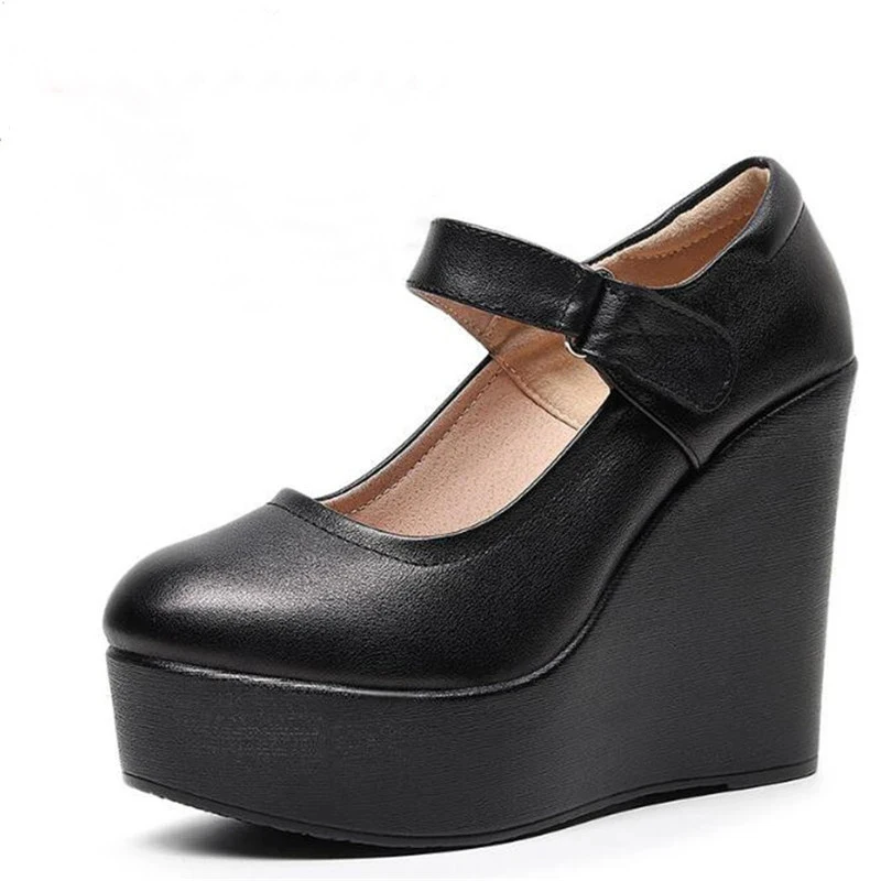 New Genuine Leather Thick Sole Platform Shoes Wedges Increase Shoes Wedges Pumps Small Plus Size High Heels 6 / 8 / 11.5 CM