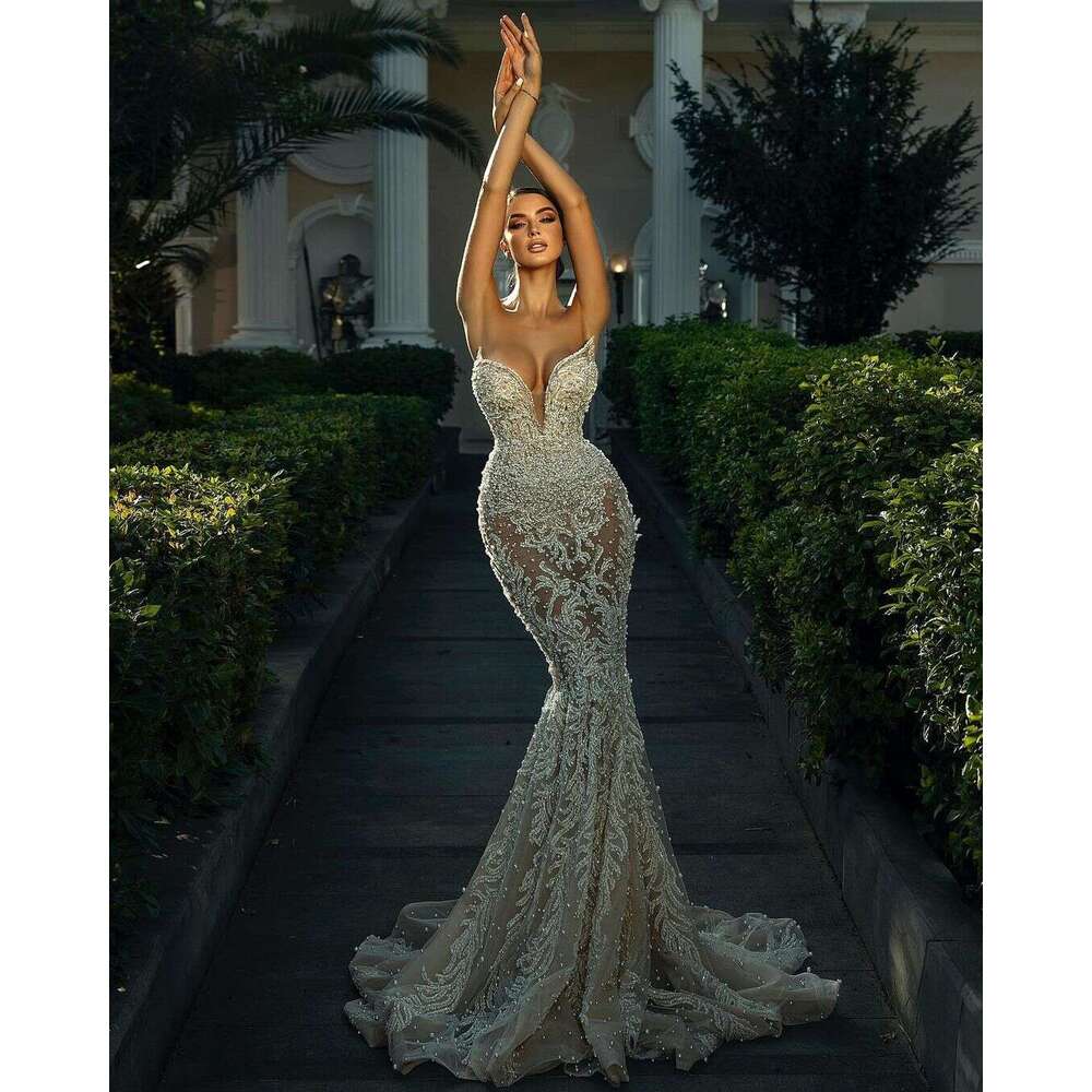 Wedding Dresses Sexy Sweetheart Beads Appliques Lace Mermaid Bridal Gowns Custom Made Detachable Train Backless Robe