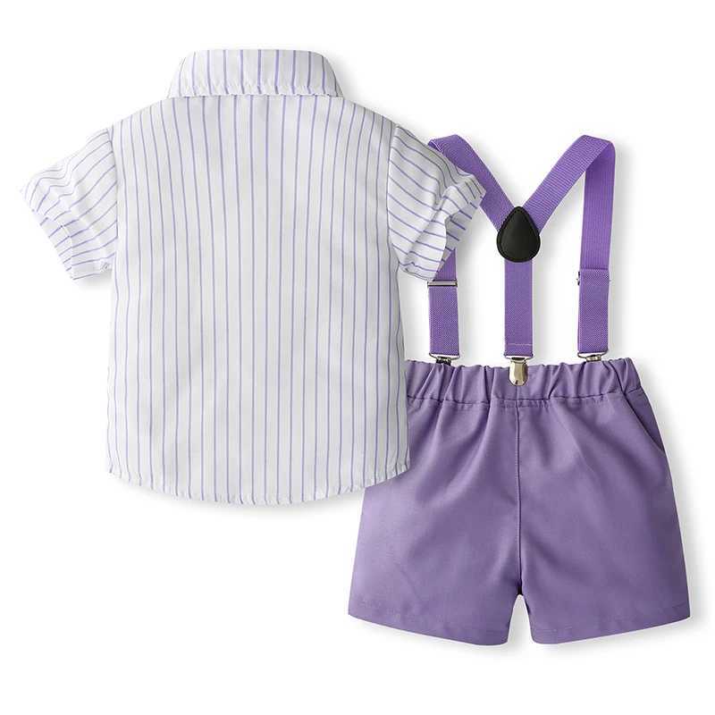 Clothing Sets Kid Boy Gentleman Outfit Vertical Stripe Print Short Sleeves Shirt with Bow Tie and Suspender Shorts Set for Formal Wear