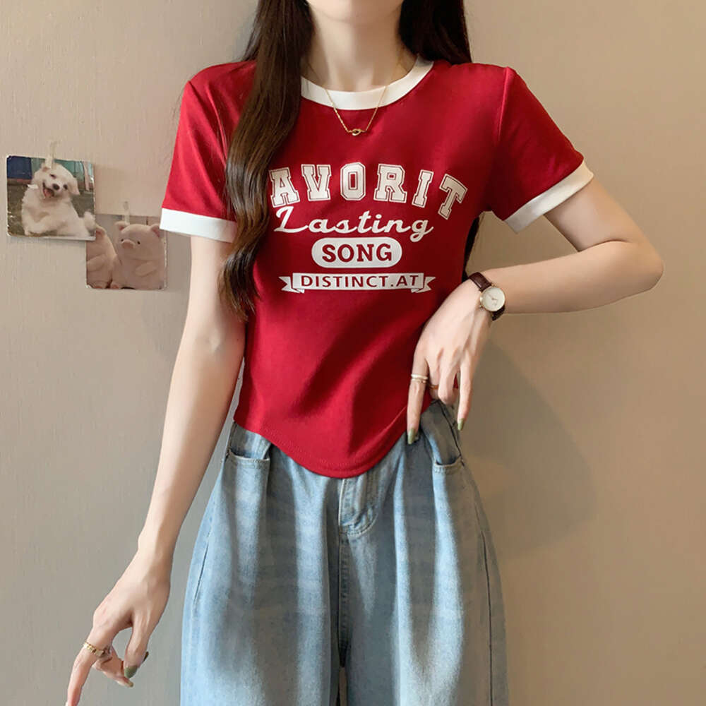 2024 Summer New Fat MM Large Women's Korean Edition Contrast Letter Printed Shoulder Short sleeved T-shirt
