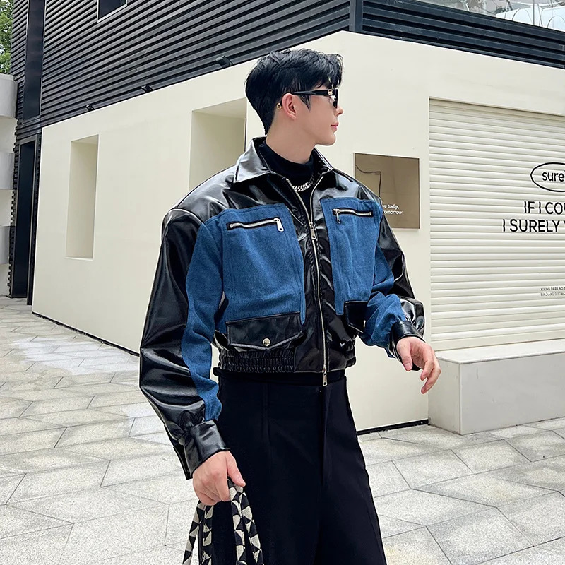NOYMEI Denim Patchwork Silhouette Mens Short Jacket Contrast Color Fashionable Korean Style Autumn Male Coat WA2807 240712