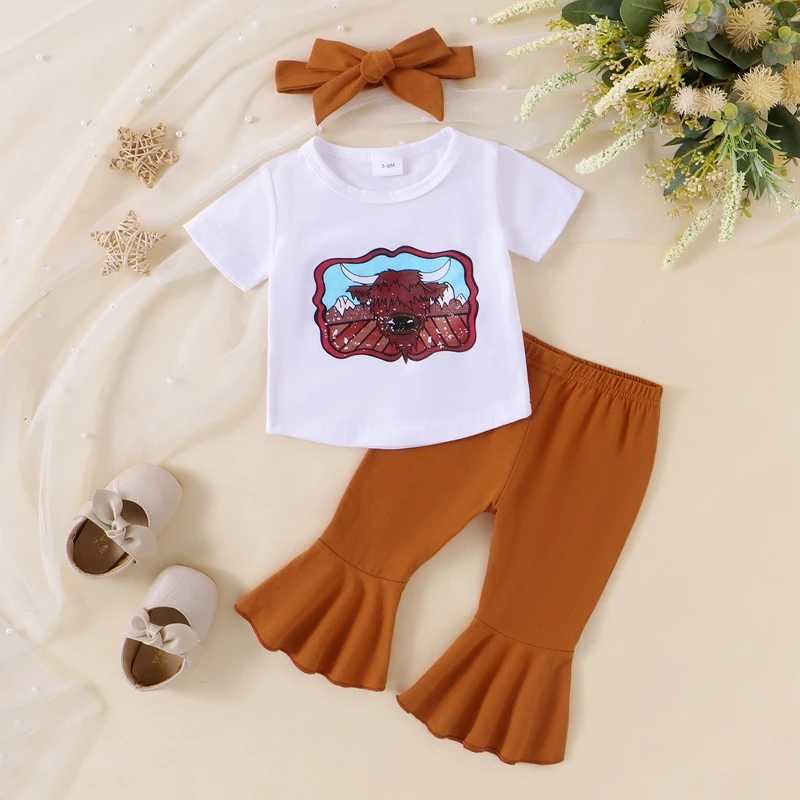 Clothing Sets 2024-05-11 Lioraitiin Baby Girl Summer Outfits Western Style Cow Head Print O-Neck Short Sleeve Tops Flare Pants Headband Set